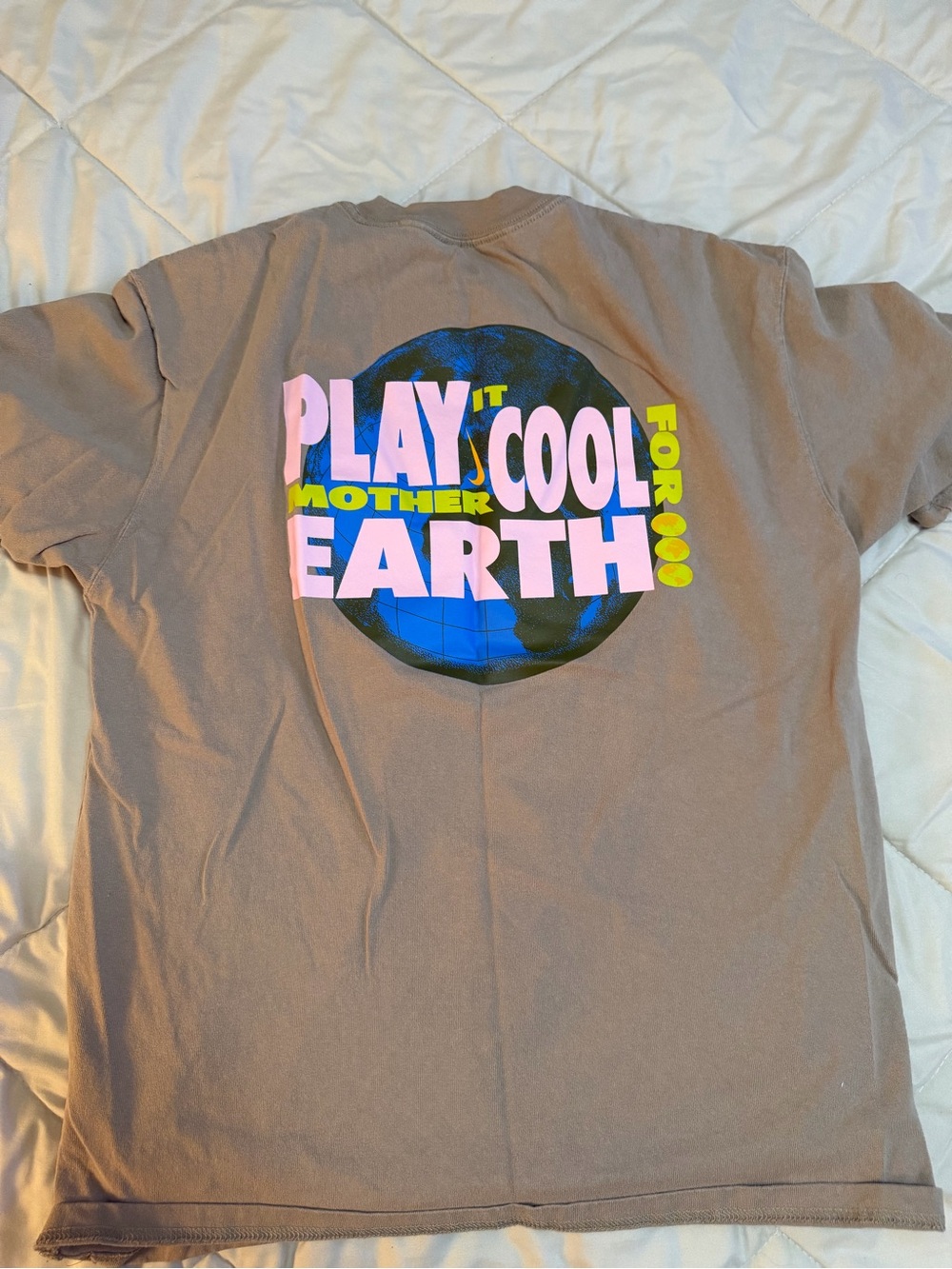 Nike Brown Tee with Colorful 'Play It Cool Mother Earth' Graphic